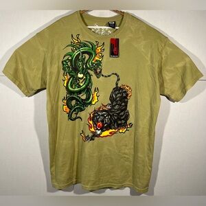 Vintage PACO Jeans Shirt Dragon Vs Black Panther Rhinestone Olive Green Men’s 3X